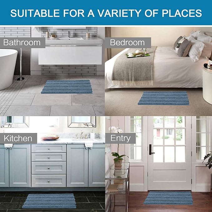 H.VERSAILTEX Bath Rug Non Slip Chenille Striped 17" x 24" Absorbent Soft Shaggy Washable Dry Fast Bath Mat - Stone Blue