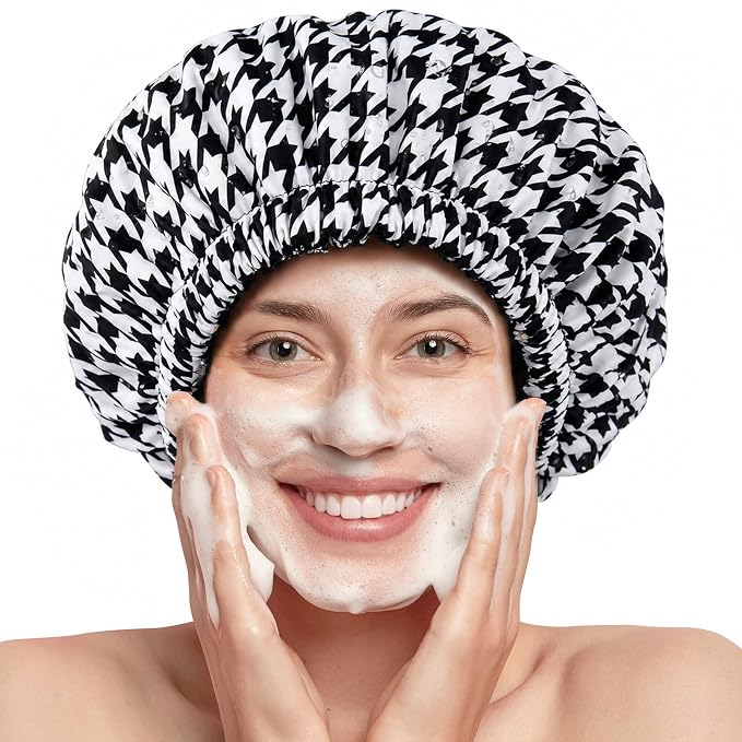 Shower Cap for Women Terry Lined Bath Cap Large Reusable Waterproof Elastic Black Houndstooth Shower Caps for Long Thick Hair Soft Bath Shower Hair Caps