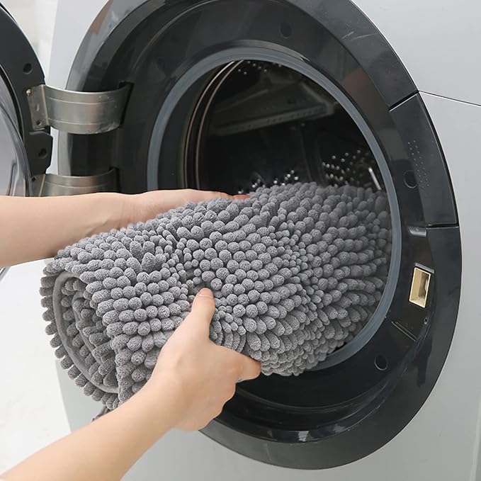 Striped Light Grey Toilet Bathroom Rug Mat 24" x 20" Contour Rug Ultra Soft, Non Slip Chenille Bath Rugs, Absorbent Plush Shaggy Bath Mats for Bathroom, Bedroom, Kitchen, Shower, Tub,Light Gray