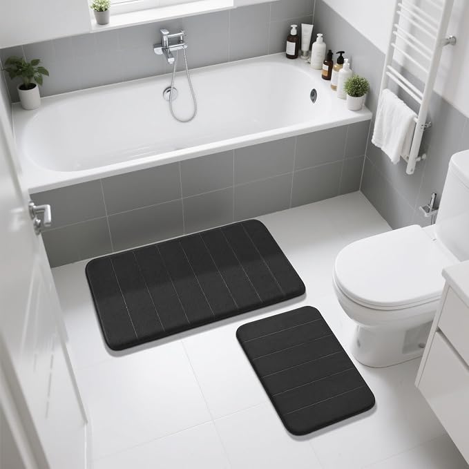 Yimobra Memory Foam Bathroom Rugs Sets 2 Piece - Super Soft Absorbent Quick Dry Bath Mat Set, Machine Washable Non Slip Floor Carpet for Tub Shower & Single Sink (17x24 & 31.5x20 Inch, Black)