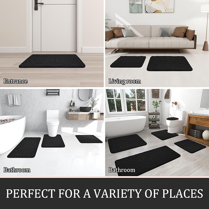 YIHOUSE Bathroom Rugs Mat Set, Memory Foam Bath Mat 2 Piece Black | 17x24&20x46, Non Slip, Water Absorbent, Washable, Bath Mat For Bathroom, Sink and Toilet