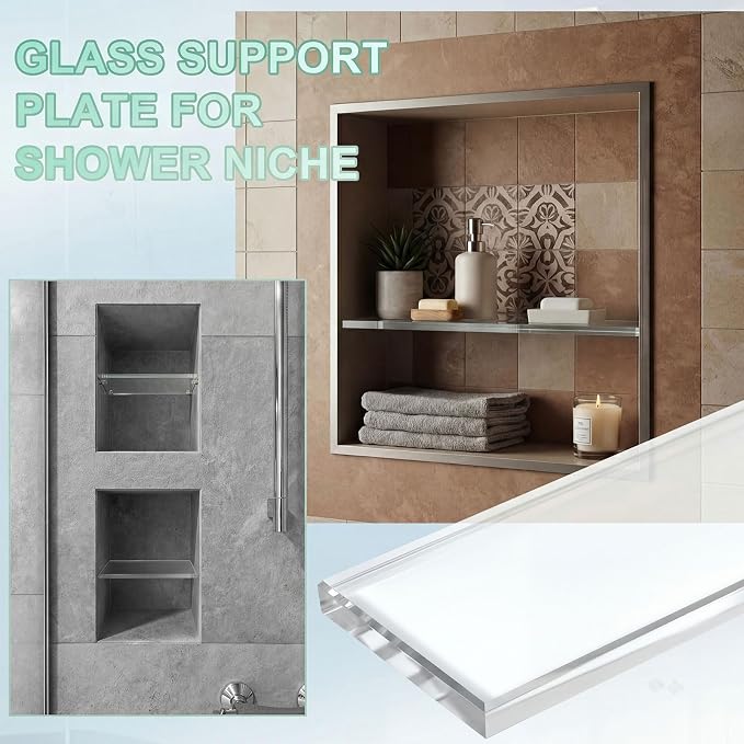 AceOrbit 4 Pcs 3-1/8 x 12-3/4 x 3/8 Inch Glass Shower Shelf for Shower Niche Break-Resistant Easy Install Ultra-Clear Glass Support Plate for DIY Storage Decor