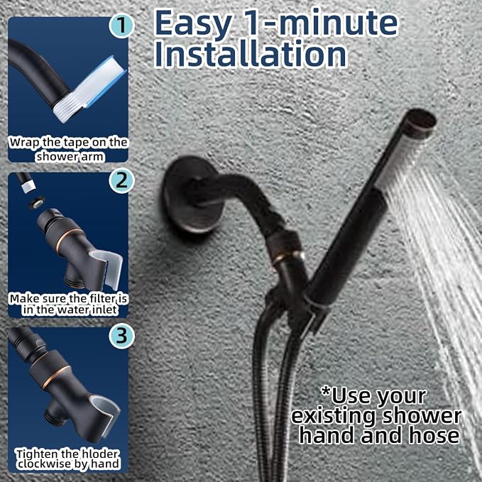 Shower Head Holder All Metal Adjustable Handheld Shower Arm Mount, 1/2" Shower Hose Holder Fits Most Hand Showerheads, Brass Hand Held Shower Head Holder , Easy to Install (Oil Rubbed Bronze)