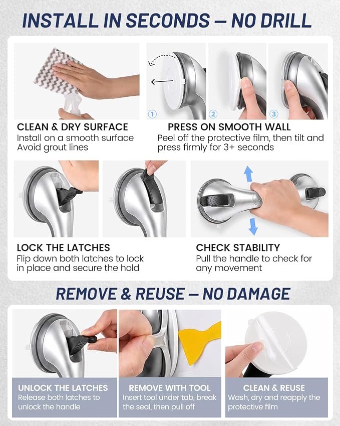 Gel-Enhanced Shower Grab Bars for Seniors and Elderly, Heavy Duty Suction Safety Bars for Bathtubs and Showers, No Drilling Removable Bathroom Handles for Tub and Shower Support, Silver