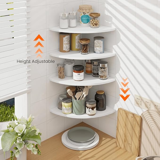 Homode Corner Floating Shelves, Set of 4 Round Corner Shelf Wall Mount with Cord Hole, 12 Inch Wood Curved Corner Hanging Shelf for Cable Box, Speaker, TV Cords, Books, Plants, White