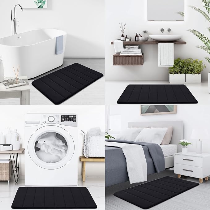 Buganda Memory Foam Bath Mat 47 x 20, Ultra Soft Absorbent Bathroom Rugs | Black, Machine Washable Quick Dry Bath Mats for Bathroom Floor, Shower and Tub, Home Decor Accessories