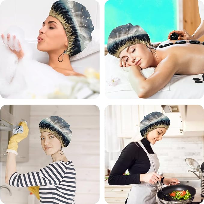 2 PCS Shower Cap Reusable Waterproof Double Layers Hair Caps Shower Bath Adjustable Elastic Hat for Women Girls Cute Aesthetic-Sunset Forest