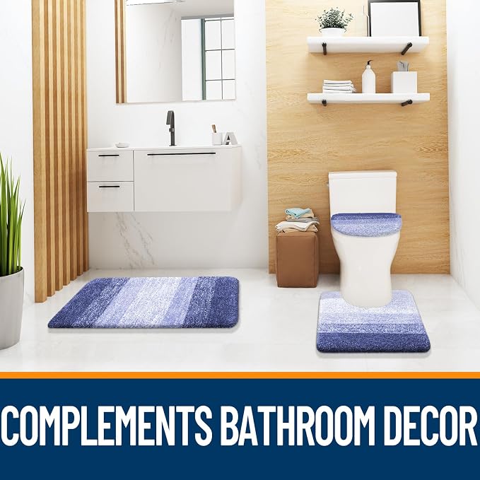 OLANLY Bathroom Rugs Sets 3 piece, Soft Microfiber Absorbent Bath Mat, U-Shaped Contour Toilet Mat and Toilet Lid Cover, Quick Dry, Machine Washable, Toilet Cover and Rug Set for Bathroom, Blue-Violet