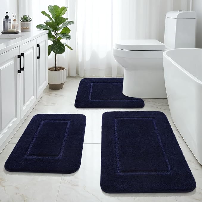 LOCHAS Bathroom Rug Set, Bath Rugs Sets 3 Piece Non Slip Backing, Navy Blue | Washable Absorbent Microfiber Bath Mat Set, Soft Cozy Bathroom Mat for Shower Sink Toilet