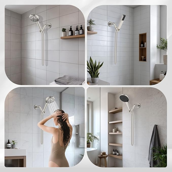 Hibbent Universal All Metal Handheld Shower Head Holder, Adjustable Solid Brass Shower Wand Holder, 2 Size Shower Bracket Holes for Bathroom, Fits All Showerhead Hoses & Shower Arm, Brushed Nickel
