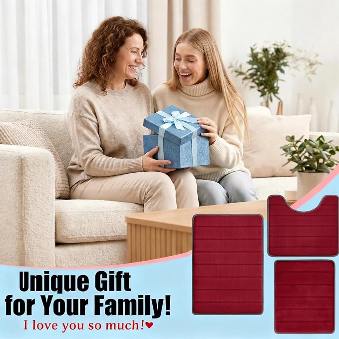 Memory Foam Bath Mat Set 3 Piece,Super Soft Absorbent Bathroom Rug Non Slip, Quick Dry,Machine Wash, Perfect Plush Bathroom Rugs,Home Decor Accessories,Burgundy