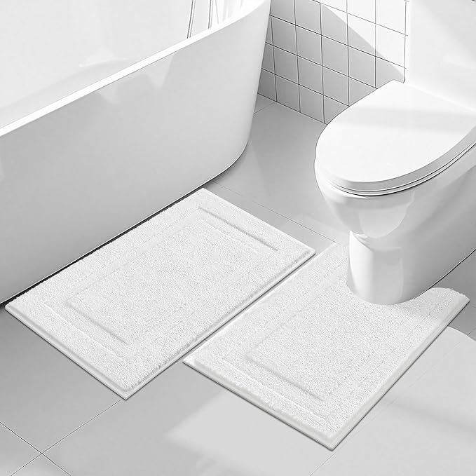SHACOS Soft Microfiber Bathroom Rugs Set 2 Pieces with Toilet Rug | Absorbent Plush Bath Mat U Shaped Contour Bath Rug, Non Slip Washable Fluffy Bathroom Floor Mats, 32x20+24x20, White