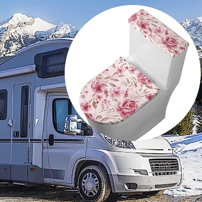 Pink Rose Toilet Tank Cover for Bathroom Romantic Toilet Lid Cover Set 2 Oval Bathroom Set for Valentine's Day