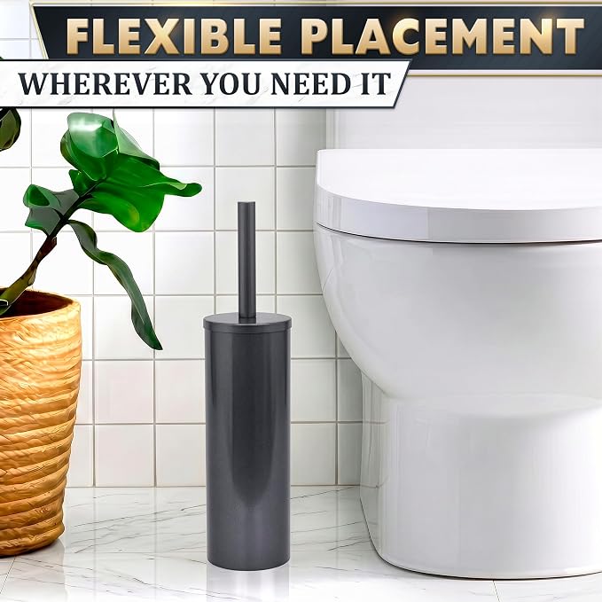 Graphite Metallic Stainless Steel Toilet Brush and Holder Set - Toilet Bowl Brush and Holder with Splash Cover, Sturdy Bristles, Corrosion & Scratch Resistant - Elegant Design, Effective Deep Cleaning