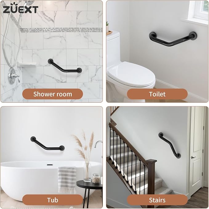 16 Inch Angled Grab Bar, ZUEXT Anti Slip Black Shower Grab Bar Handles, Stainless Steel Knurled Bathroom Balance Bar, Safety Hand Rail Support,Handicap Elderly Injury Senior Assist Bath Handle