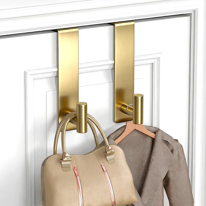 PMMASTO 2-Pack Over The Door Hooks - Rustproof Stainless Steel Door Hangers for 1-3/4 Inch Doors, Non-Marking and Tool-Free Easy Install (Gold, T Shape)
