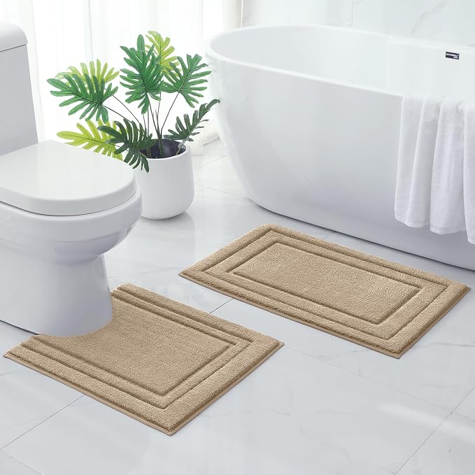 HOMEIDEAS Bathroom Rugs Sets 2 Piece, U-Shaped Toilet Rug Khaki | Super Soft and Absorbent Non Slip Microfiber Bath Rug,Machine Washable, for Bathroom, 20"x32"+U Shape 20"x24"