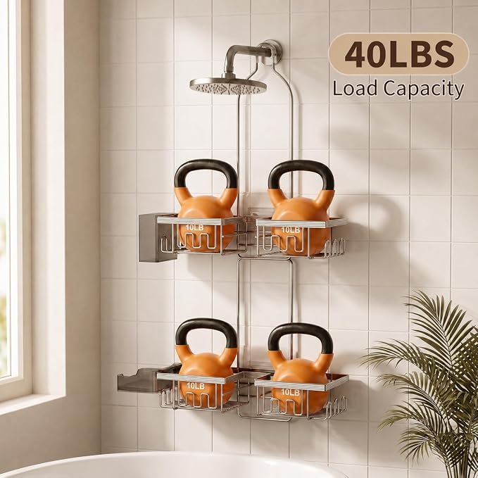 Adjustable Shower Caddy Hanging for Handheld Showerheads, Rustproof, Silver | Anti-Swing, Split Design, Shower Organizer with Hooks, Soap Holder and Toothbrush Holder, No-Drill Bathroom Storage