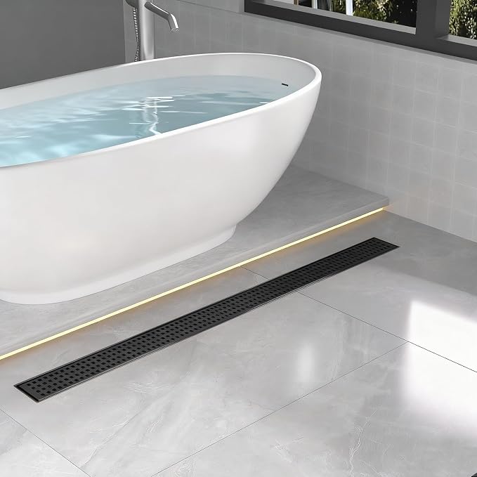 Linear Shower Drain | 72 Inch AISI 304 Stainless Steel Shower Drain, Matte Black Linear Drain with Removable Quadrato Grate Cover & Adjustable Feet, Rectangle Floor Drain, in Bathroom Balcony etc