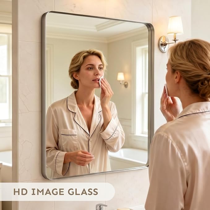 36"x30" Bathroom Vanity Mirror for Wall Aluminum Framed Farmhouse Rectangle | Anti-Rust, HD Reflection Anti-Desilvering, Distortion Free, Tempered and Shatter-Proof Wall Mounted Mirror, Brushed Nickel