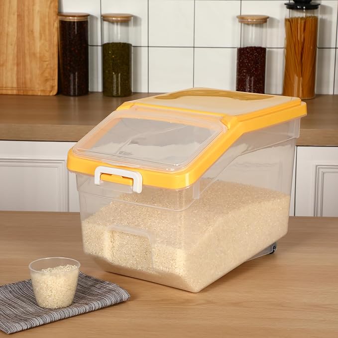 4 Pcs Rice Storage Container 28 lb Airtight Flour Container with Wheels Measuring Cup Clear Pet Dog Birds Cat Food Bin Grain Cereal Organizer Box for Dry Baking Supplies(Yellow Lid)
