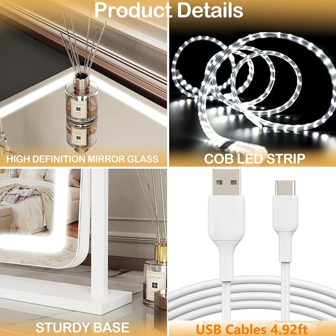Gvnkvn Lighted Makeup Mirror, Hollywood Vanity Mirror with Lights, Three Color Lighting Modes, and Detachable 10X Magnification Mirror, Smart Touch Control, 360°Rotation (15.2in. Gold)