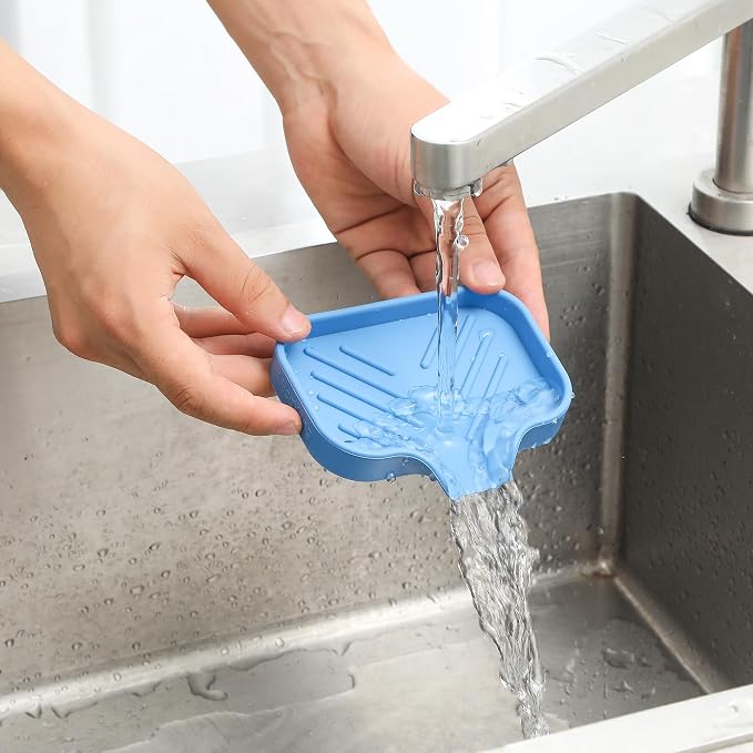 MicoYang Silicone Soap Dish with Drain Spout, Self-Draining Sink Organizer Tray for Bathroom & Kitchen, Sponges, Dispensers & Soap Holder, Non-Slip & Dishwasher Safe, Lichen Blue (Compact, 4.9"×3.2")