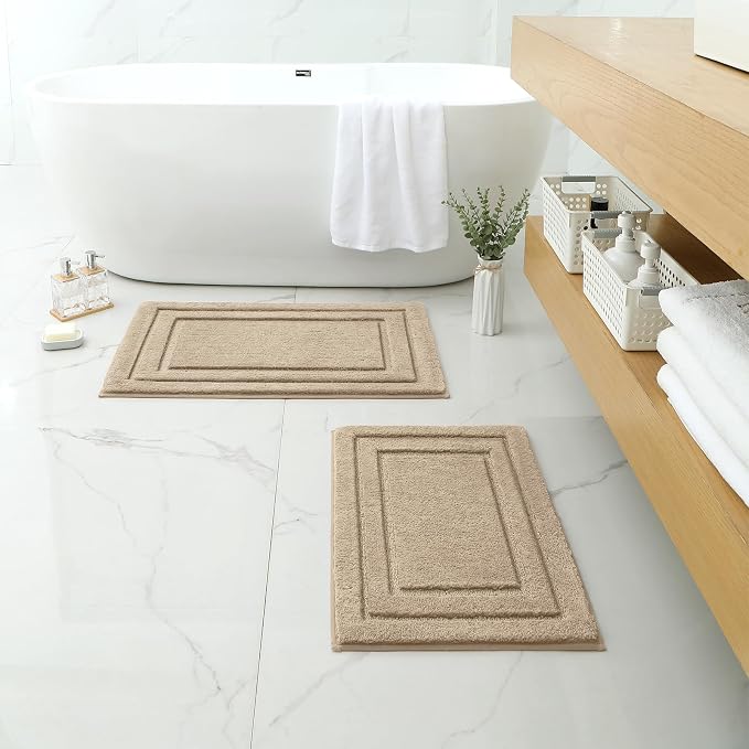 HOMEIDEAS Bathroom Rugs Sets 2 Piece, Soft Non Slip Bath Mat Khaki | Ultra Absorbent, Microfiber Machine Washable Bath Rug Set, for Bathroom, Tub, Shower 20" x 32" + 16" x 24"