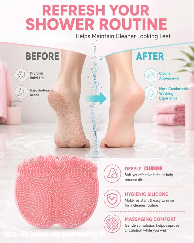 Foot Scrubber in Shower Mat Back Easy for Clean Feet Hands Free Washing Washer Silicone Wall Mounted Brush Accessories for Inside with Non- Slip Suction Cups Bathroom Pad (Pink)