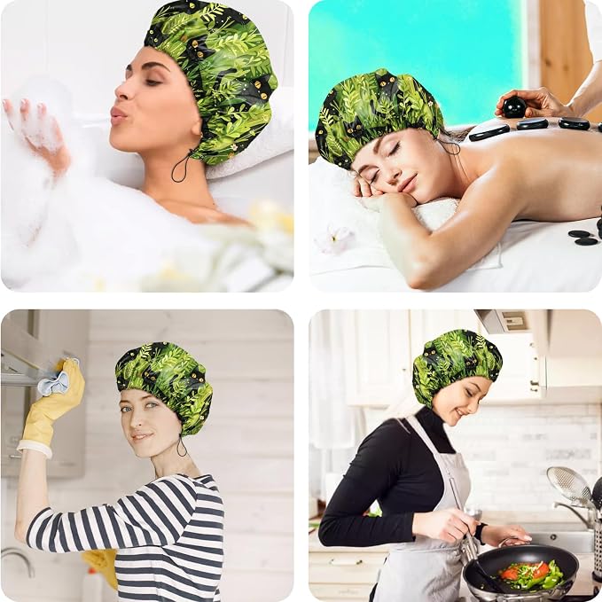 2 PCS Shower Cap Reusable Waterproof Double Layers Hair Caps Shower Bath Adjustable Elastic Hat for Women Girls Cute Aesthetic-Black Cat