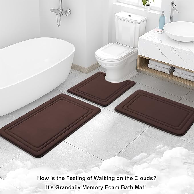Grandaily Memory Foam Bath Mat Rug 44x24, Ultra Soft, Non-Slip and Absorbent Bathroom Rugs, Machine Wash Dry, Comfortable Bath Carpet for Bathroom Floor, Tub and Shower, Brown