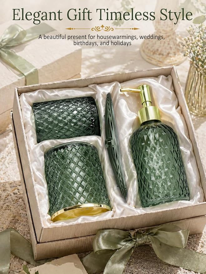 Haturi Glass Bathroom Accessories Set, Sage Green Bathroom Set, 4 Pcs | Kit w/ Bathroom Soap Dispenser Set, Toothbrush Holder, Qtip Holder,Soap Dish, Green Bathroom Decor, Gift for Home Apartment