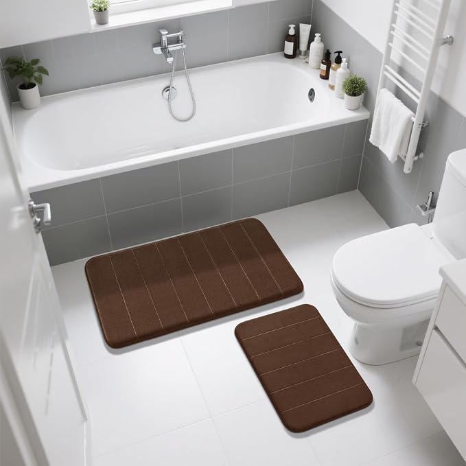Yimobra Memory Foam Bathroom Rugs Sets 2 Piece - Super Soft Absorbent Quick Dry Bath Mat Set, Machine Washable Non Slip Floor Carpet for Tub Shower & Single Sink (17x24 & 31.5x20 Inch, Brown)