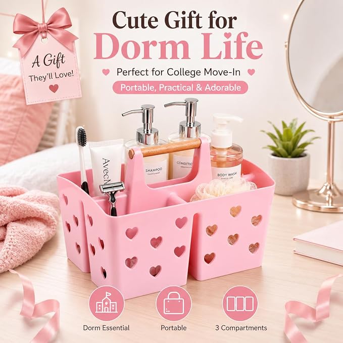 Pink Portable Shower Caddy with Wooden Handle, Plastic Shower Basket Organizer with Drainage Holes & 3 Compartments, Dorm Shower Caddy for College Students, Bathroom, Gym, Camping Toiletry Storage