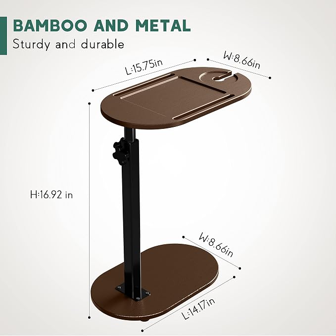 Yumkfoi Bamboo Bathtub Tray Table with Adjustable Height, Freestanding Bath Caddy Side Table for Tub Against Wall, Tub Shelf with Wine Glass Phone Holder, Functional Tray - Patent Protected (Brown)