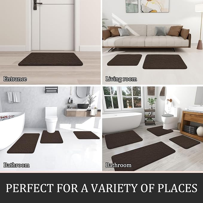 YIHOUSE Bathroom Rugs Mat Set, Memory Foam Bath Mat 2 Piece Brown | 17x24&20x46, Non Slip, Water Absorbent, Washable, Bath Mat For Bathroom, Sink and Toilet
