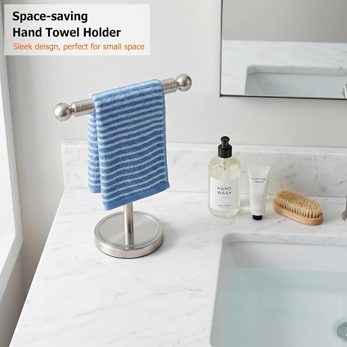 Hand Towel Holder Standing, T-Shape Towel Rack with Heavy Base, Regular Sized Hand Towel for Bath (Brushed Nickel, Stainless Steel)