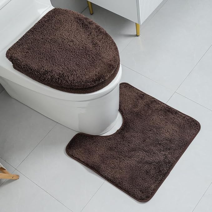 3piece Toilet Seat Cover Set - Toilet Seat Cover +Toilet Lid Cover + toilet rugs u shaped washable, Fits Most Elongated Round and Oblong Toilet,(Machine Washable,Quick-Dry) coffee