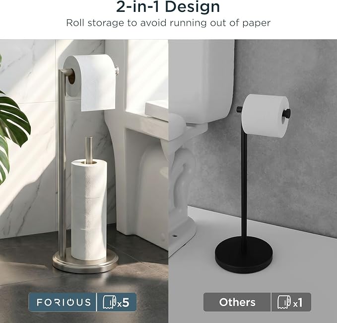 FORIOUS Toilet Paper Holder Stand with Storage for 4 Rolls, Brushed Nickel | Modern Freestanding SUS 304 Stainless Steel Bathroom Tissue Roll Organizer with Heavy Anti-Slip Weighted Base
