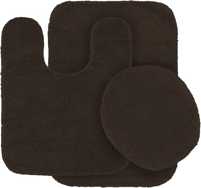 3pc Solid Non Slip Soft Bath Rug Set for Bathroom U-Shaped Contour Rug, Mat and Toilet Lid Cover New# Angela (Coffee)