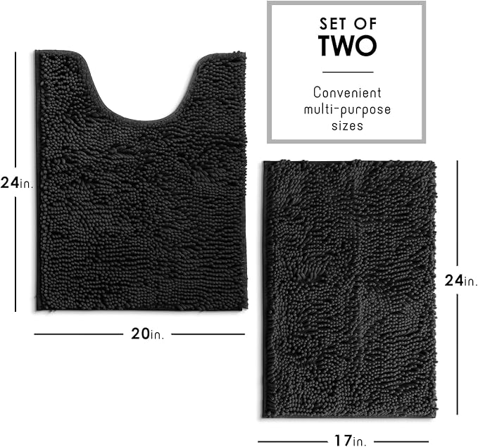 Hearth & Harbor Bathroom Rugs, Chenille Bath Mat - Machine Washable Bath Mats for Bathroom Non-Slip Backing Rubber, Quick Dry Bathroom Mat - Black 17x24-20x24