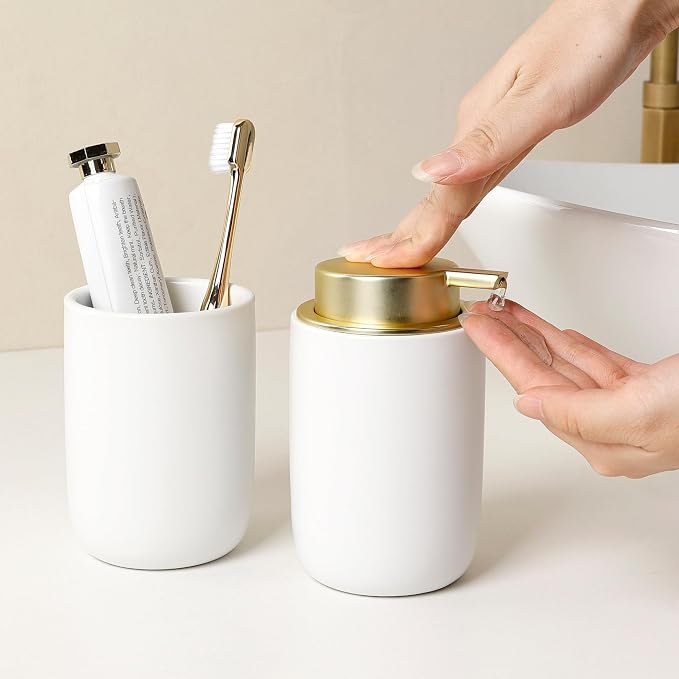 BosilunLife Lotion Pump Dispenser for Bathroom, Kitchen, Countertop | Hand Soap Dispenser Bathroom Ceramic Dish Liquid Soap Dispenser (White with Gold, Liquid Pump)
