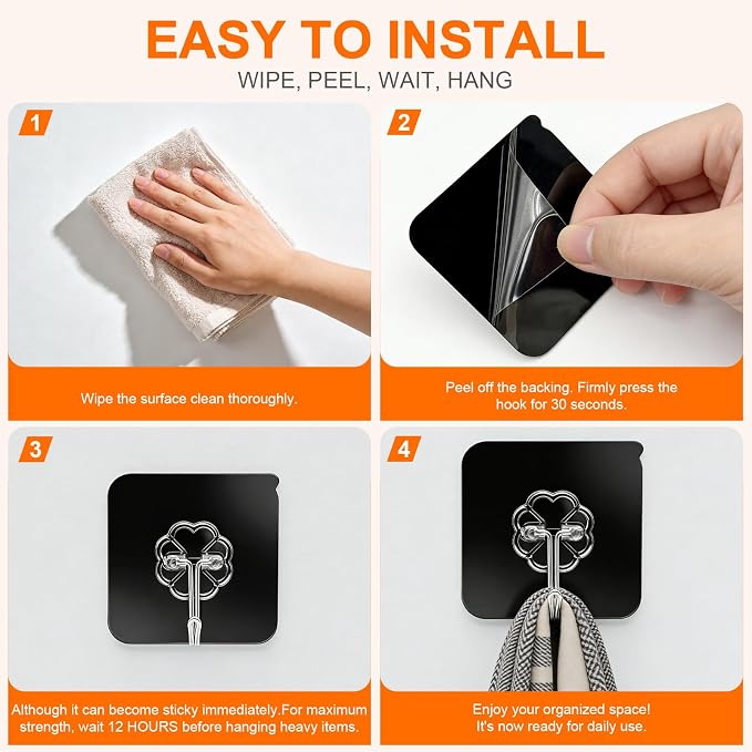 DDMY Black Heavy Duty Adhesive Hooks 2026 Upgraded 50lbs(Max) Sticky Wall Hooks for Hanging 12 Pack No Damage Hook Strong Waterproof Bathroom, Kitchen, Shower,Ceiling, Office and Outside Decor Hanger