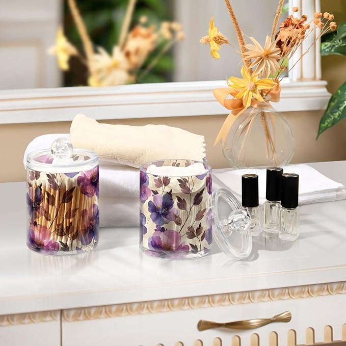 ALAZA 4 Pack Qtip Holder Dispenser Purple Tulip Flower Beige Cotton Ball Cotton Swab Round Pads Floss Clear Bathroom Storage Containers Plastic Apothecary Jars with Lids