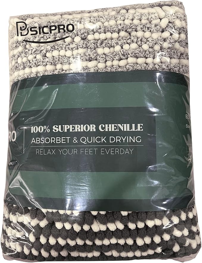 Bathroom Rugs Sets 2 Piece, Non Slip Striped Bath Mats, Gray | 20"x47" Plus 16"x24", Soft Absorbent Chenille, Quick Dry Machine Washable, Shower Rug for Bathroom Floor, Tub, Bedroom Decor