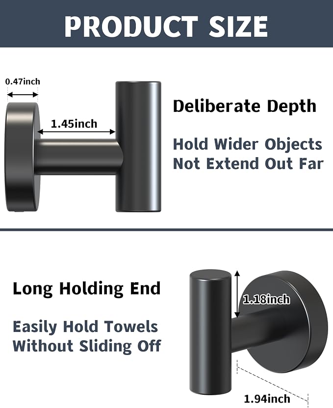 RARXTR Black Bathroom Towel Hook, Coat Robe Clothes Hook for Kitchen Garage Wall Mounted 2 Pack, 304 Stainless Steel, Heavy Duty Door Hanger, Cabinet Closet Wall Hook for Hotel Pool (Matte Black)