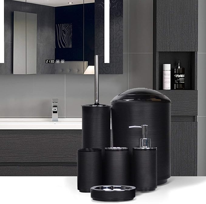 CERBIOR Bathroom Accessories Set 6 Piece Spiral Pattern Bath Ensemble,Black | Includes Soap Dispenser, Toothbrush Holder, Toothbrush Cup, Soap Dish for Decorative Countertop and Housewarming Gift
