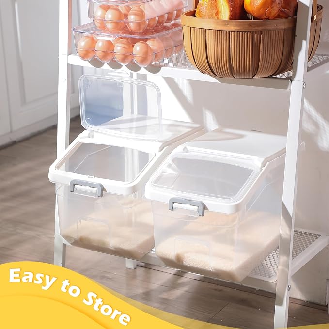 4 Pcs Rice Storage Container 28 lb Airtight Flour Container with Wheels Measuring Cup Clear Pet Food Cube Dog Birds Cat Food Bin Grain Cereal Organizer Box for Dry Baking Supplies(White Lid)