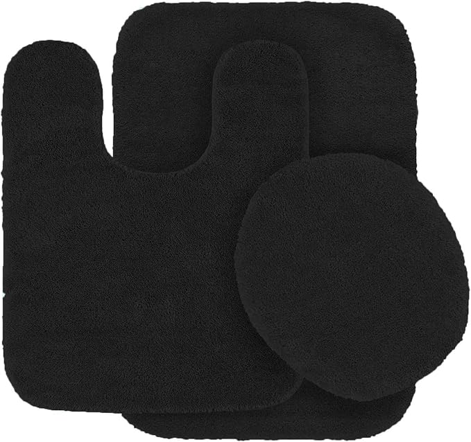 3pc Solid Non Slip Soft Bath Rug Set for Bathroom U-Shaped Contour Rug, Mat and Toilet Lid Cover New Angela (Black)