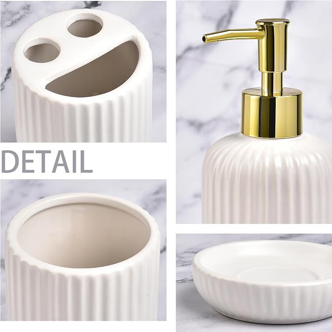 White Bathroom Accessories Set, 4PC Ceramic Bathroom Sets Complete-Toothbrush Holders, Soap Dispenser, Soap Dish, Toothbrush Cup, Modern White Gold Bathroom Decor, Bathroom Organizer for Countertop